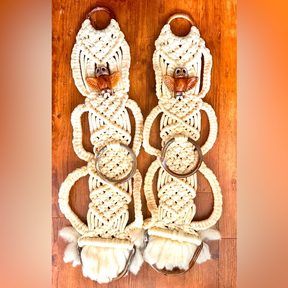 2 Handcrafted Macramé Plant Hangers with Owl Design